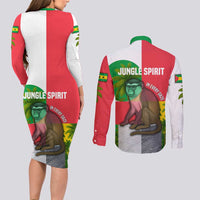 Jungle Spirit Monkey Couples Matching Long Sleeve Bodycon Dress and Long Sleeve Button Shirt with Sao Tome and Principe Tropical Flag Color Blocks