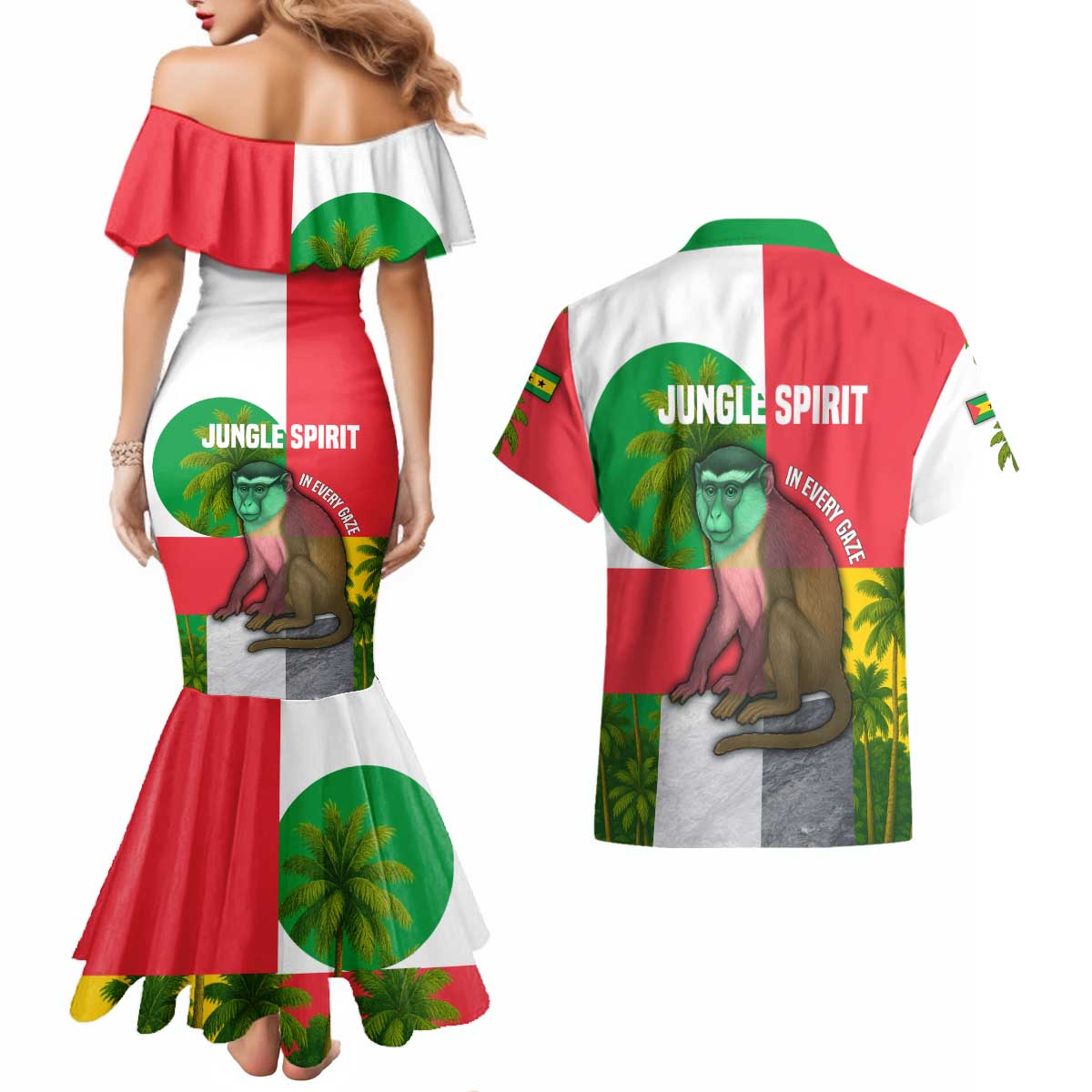 Jungle Spirit Monkey Couples Matching Mermaid Dress and Hawaiian Shirt with Sao Tome and Principe Tropical Flag Color Blocks