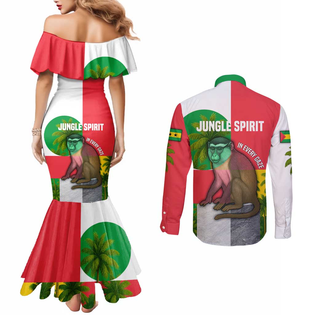 Jungle Spirit Monkey Couples Matching Mermaid Dress and Long Sleeve Button Shirt with Sao Tome and Principe Tropical Flag Color Blocks