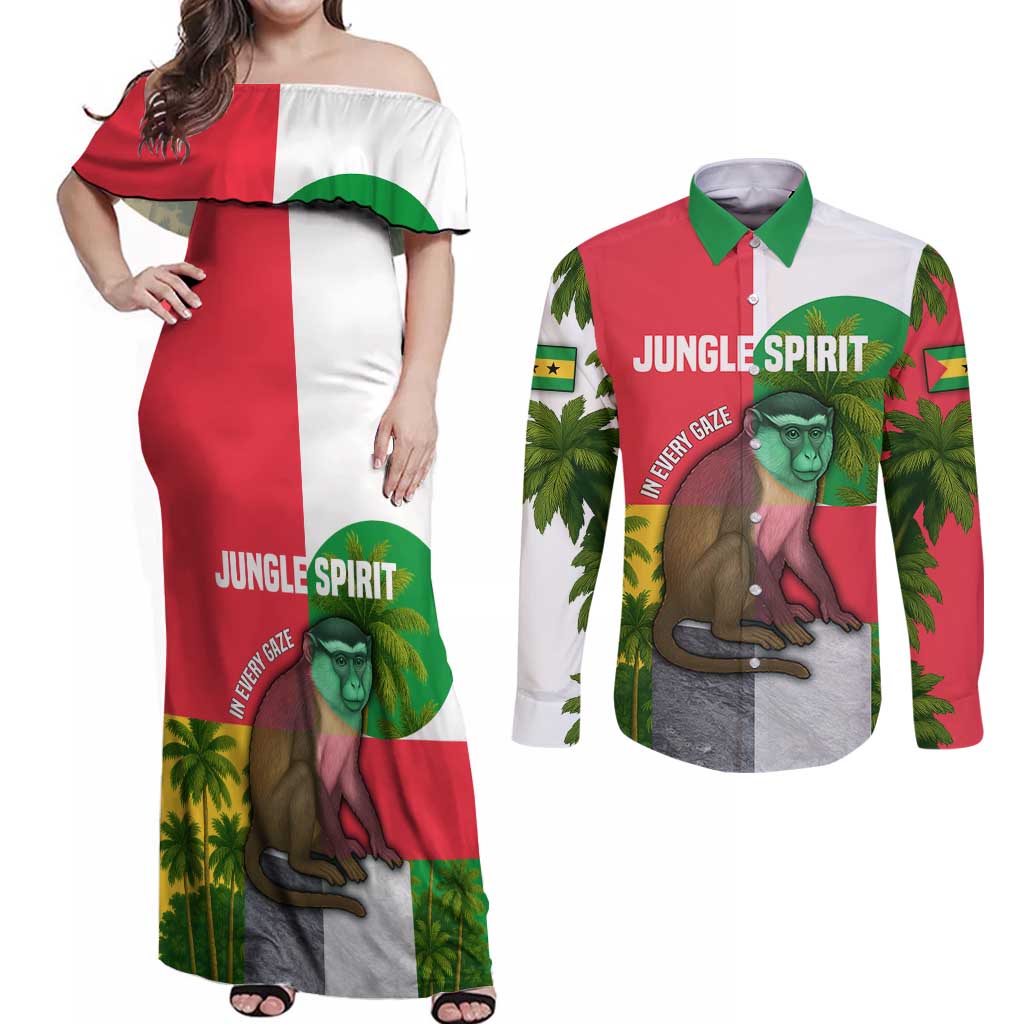 Jungle Spirit Monkey Couples Matching Off Shoulder Maxi Dress and Long Sleeve Button Shirt with Sao Tome and Principe Tropical Flag Color Blocks