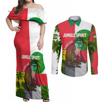 Jungle Spirit Monkey Couples Matching Off Shoulder Maxi Dress and Long Sleeve Button Shirt with Sao Tome and Principe Tropical Flag Color Blocks