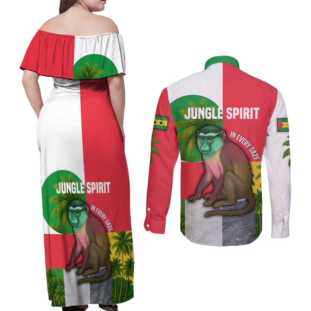 Jungle Spirit Monkey Couples Matching Off Shoulder Maxi Dress and Long Sleeve Button Shirt with Sao Tome and Principe Tropical Flag Color Blocks