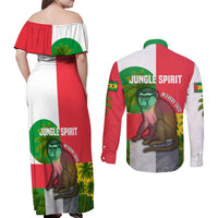 Jungle Spirit Monkey Couples Matching Off Shoulder Maxi Dress and Long Sleeve Button Shirt with Sao Tome and Principe Tropical Flag Color Blocks