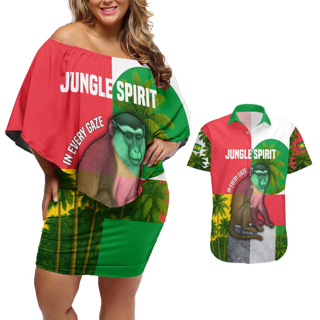 Jungle Spirit Monkey Couples Matching Off Shoulder Short Dress and Hawaiian Shirt with Sao Tome and Principe Tropical Flag Color Blocks