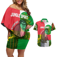 Jungle Spirit Monkey Couples Matching Off Shoulder Short Dress and Hawaiian Shirt with Sao Tome and Principe Tropical Flag Color Blocks