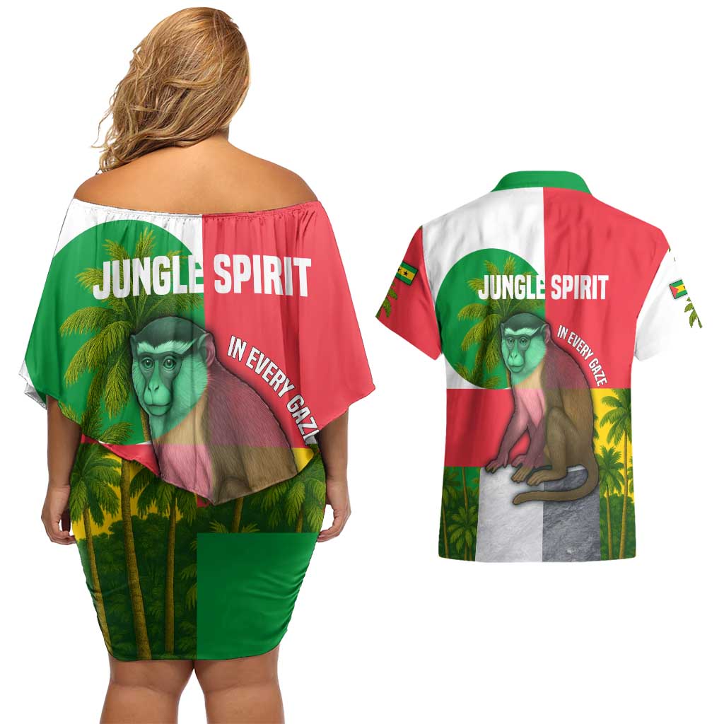 Jungle Spirit Monkey Couples Matching Off Shoulder Short Dress and Hawaiian Shirt with Sao Tome and Principe Tropical Flag Color Blocks