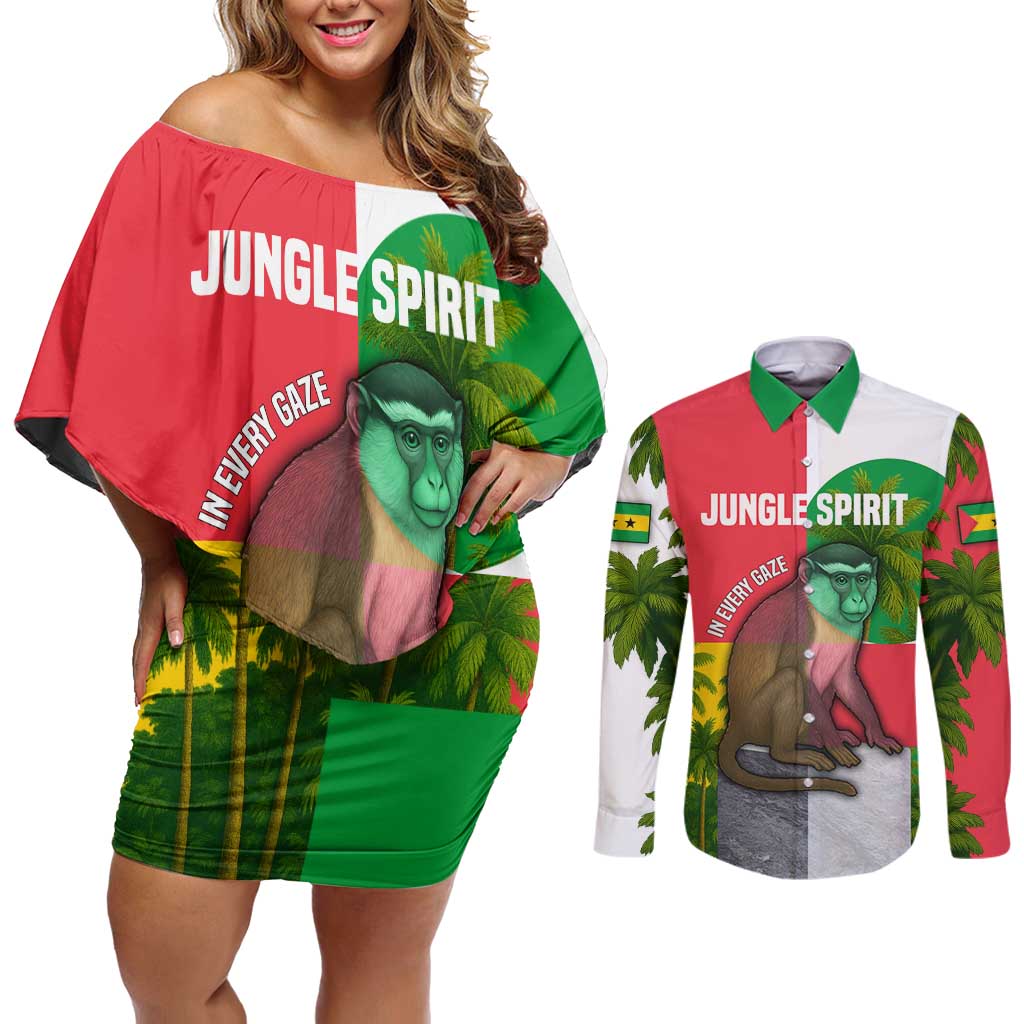 Jungle Spirit Monkey Couples Matching Off Shoulder Short Dress and Long Sleeve Button Shirt with Sao Tome and Principe Tropical Flag Color Blocks