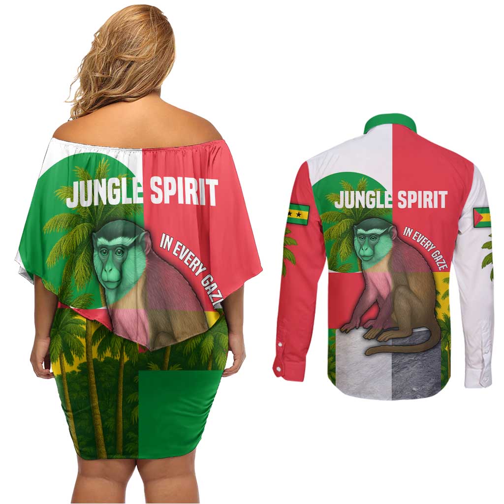 Jungle Spirit Monkey Couples Matching Off Shoulder Short Dress and Long Sleeve Button Shirt with Sao Tome and Principe Tropical Flag Color Blocks