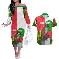 Jungle Spirit Monkey Couples Matching Off The Shoulder Long Sleeve Dress and Hawaiian Shirt with Sao Tome and Principe Tropical Flag Color Blocks