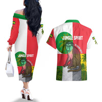 Jungle Spirit Monkey Couples Matching Off The Shoulder Long Sleeve Dress and Hawaiian Shirt with Sao Tome and Principe Tropical Flag Color Blocks