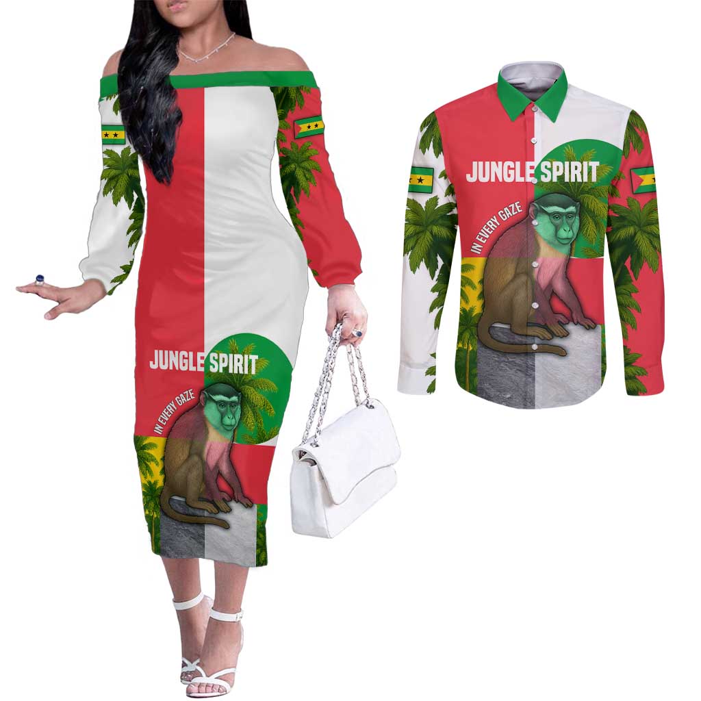 Jungle Spirit Monkey Couples Matching Off The Shoulder Long Sleeve Dress and Long Sleeve Button Shirt with Sao Tome and Principe Tropical Flag Color Blocks