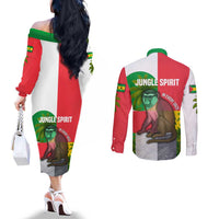 Jungle Spirit Monkey Couples Matching Off The Shoulder Long Sleeve Dress and Long Sleeve Button Shirt with Sao Tome and Principe Tropical Flag Color Blocks