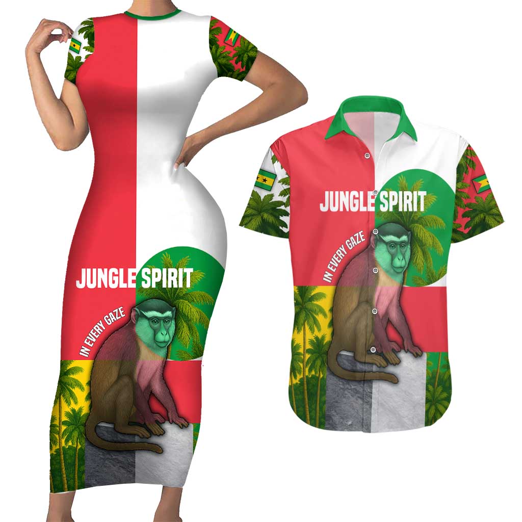 Jungle Spirit Monkey Couples Matching Short Sleeve Bodycon Dress and Hawaiian Shirt with Sao Tome and Principe Tropical Flag Color Blocks