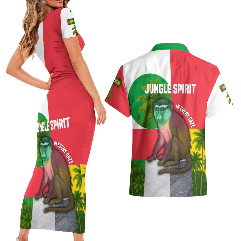 Jungle Spirit Monkey Couples Matching Short Sleeve Bodycon Dress and Hawaiian Shirt with Sao Tome and Principe Tropical Flag Color Blocks