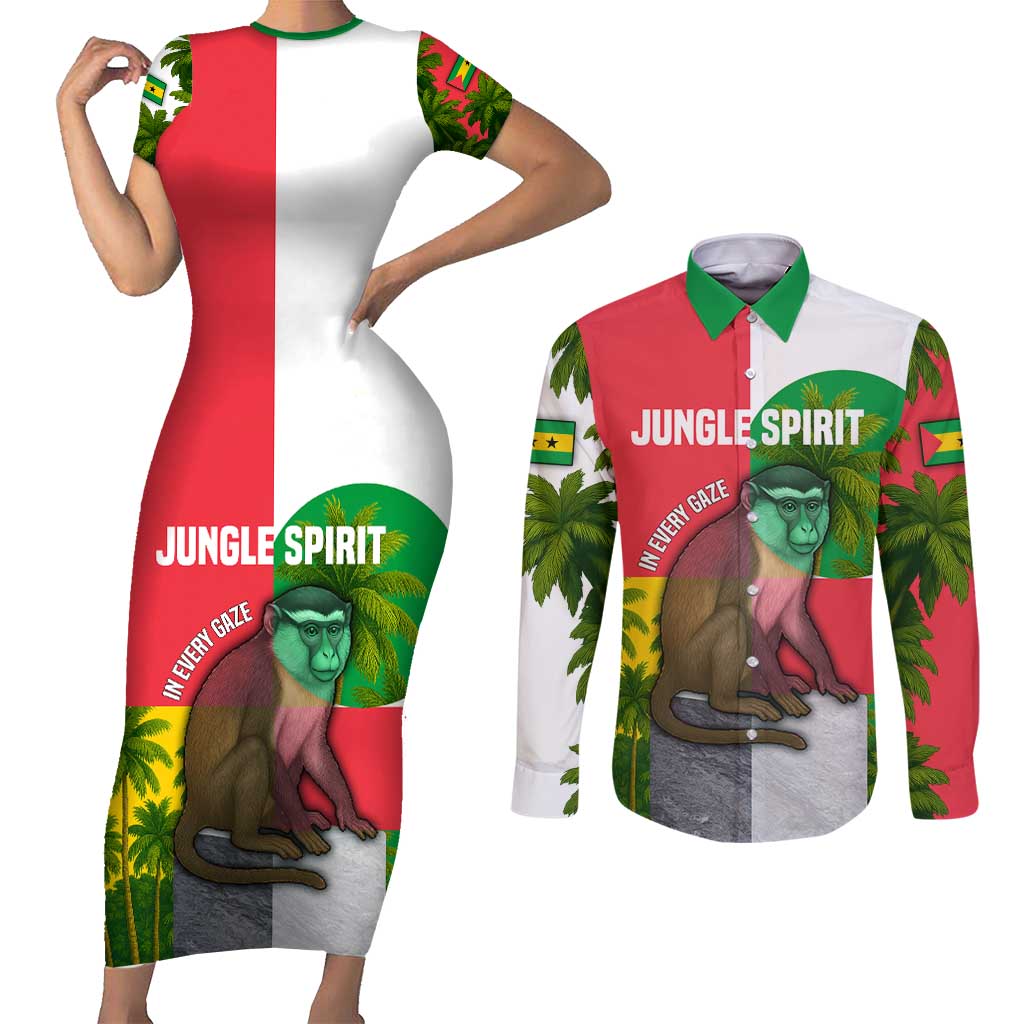 Jungle Spirit Monkey Couples Matching Short Sleeve Bodycon Dress and Long Sleeve Button Shirt with Sao Tome and Principe Tropical Flag Color Blocks