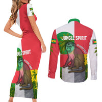 Jungle Spirit Monkey Couples Matching Short Sleeve Bodycon Dress and Long Sleeve Button Shirt with Sao Tome and Principe Tropical Flag Color Blocks