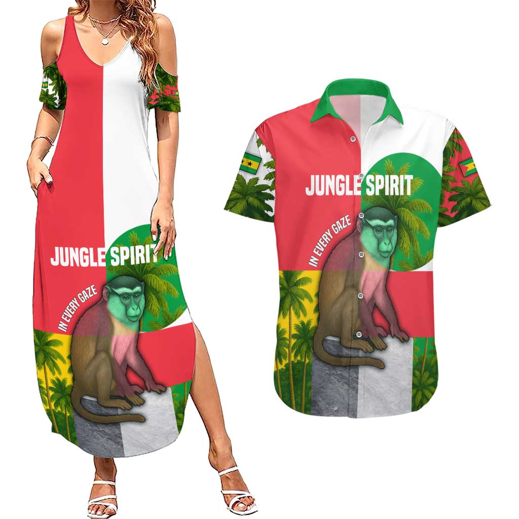 Jungle Spirit Monkey Couples Matching Summer Maxi Dress and Hawaiian Shirt with Sao Tome and Principe Tropical Flag Color Blocks