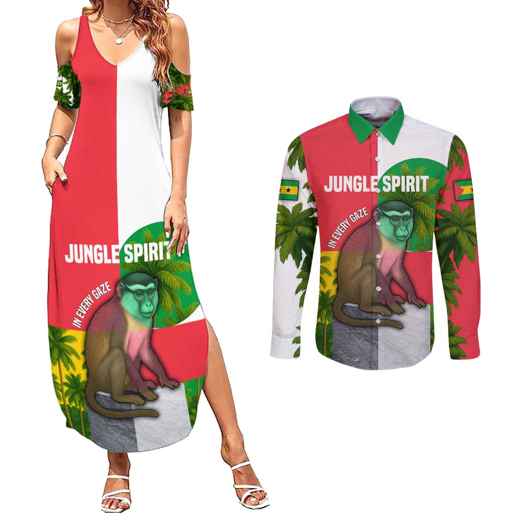Jungle Spirit Monkey Couples Matching Summer Maxi Dress and Long Sleeve Button Shirt with Sao Tome and Principe Tropical Flag Color Blocks