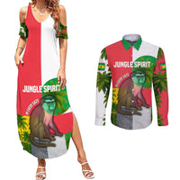 Jungle Spirit Monkey Couples Matching Summer Maxi Dress and Long Sleeve Button Shirt with Sao Tome and Principe Tropical Flag Color Blocks