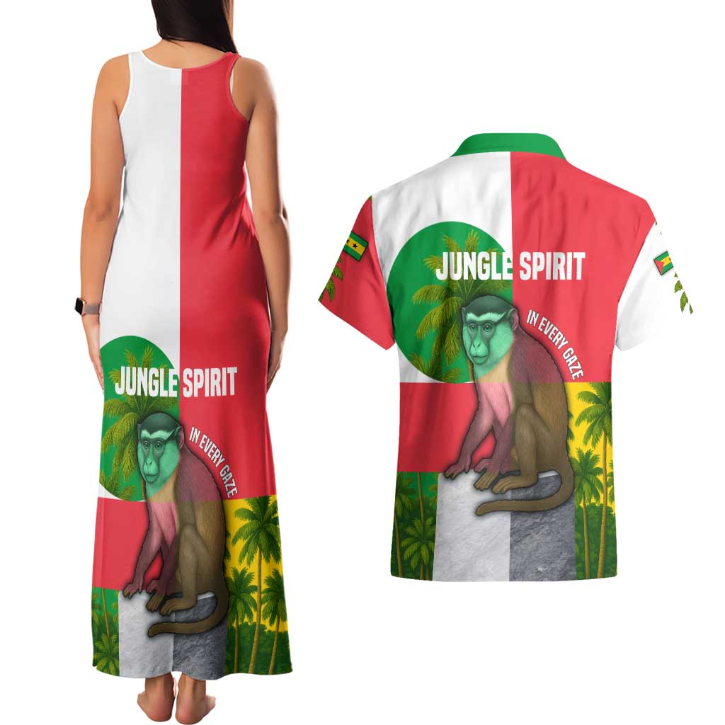 Jungle Spirit Monkey Couples Matching Tank Maxi Dress and Hawaiian Shirt with Sao Tome and Principe Tropical Flag Color Blocks