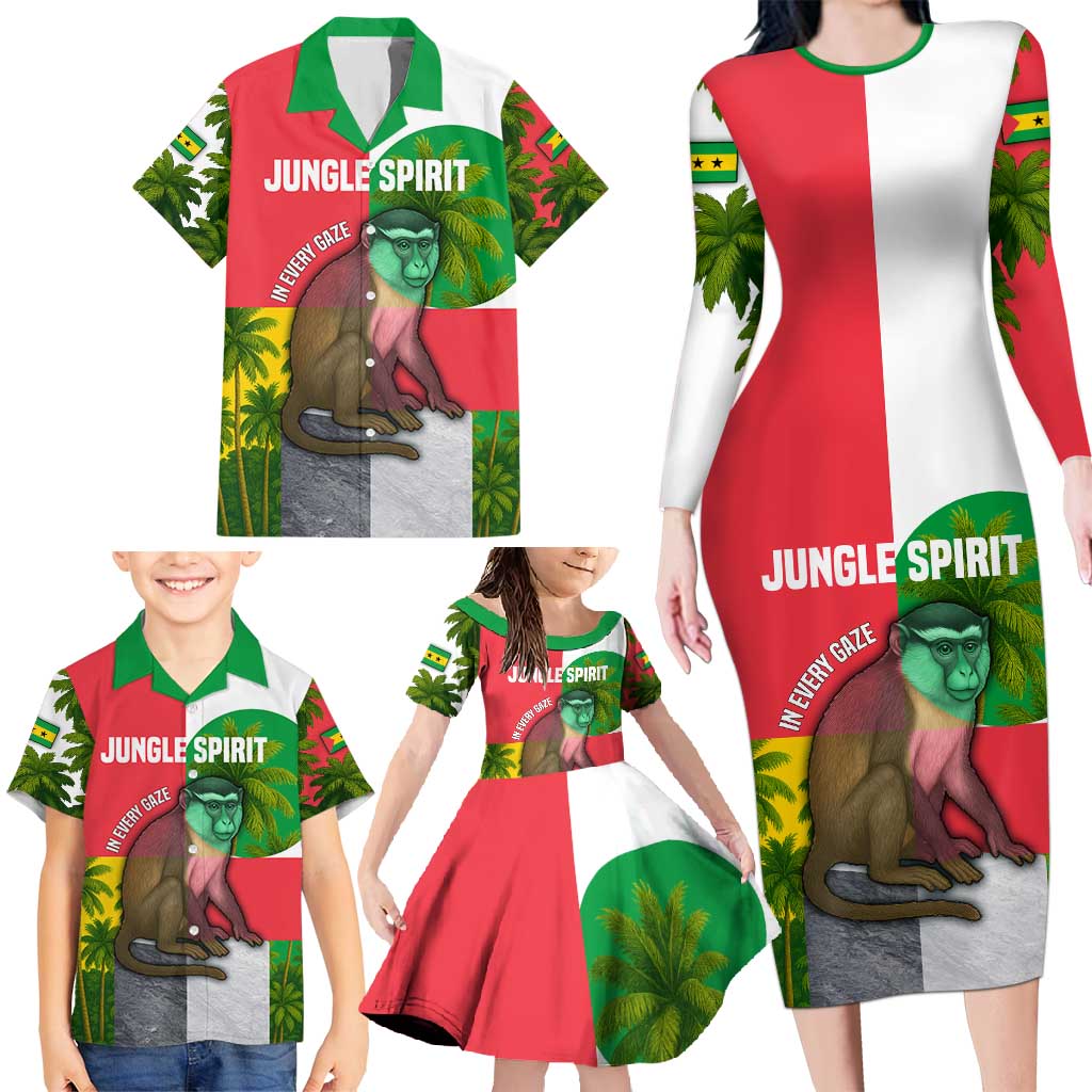 Jungle Spirit Monkey Family Matching Long Sleeve Bodycon Dress and Hawaiian Shirt with Sao Tome and Principe Tropical Flag Color Blocks