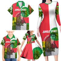 Jungle Spirit Monkey Family Matching Long Sleeve Bodycon Dress and Hawaiian Shirt with Sao Tome and Principe Tropical Flag Color Blocks