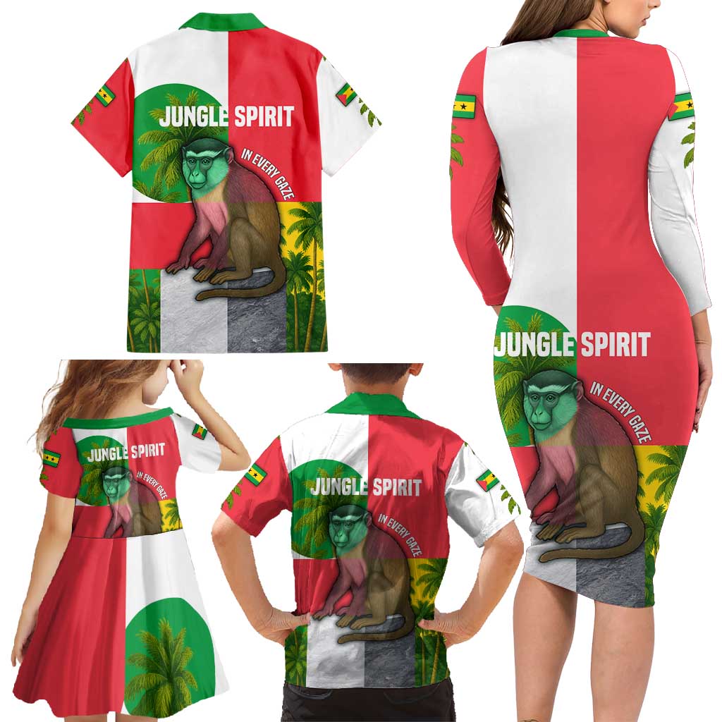 Jungle Spirit Monkey Family Matching Long Sleeve Bodycon Dress and Hawaiian Shirt with Sao Tome and Principe Tropical Flag Color Blocks