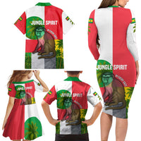 Jungle Spirit Monkey Family Matching Long Sleeve Bodycon Dress and Hawaiian Shirt with Sao Tome and Principe Tropical Flag Color Blocks