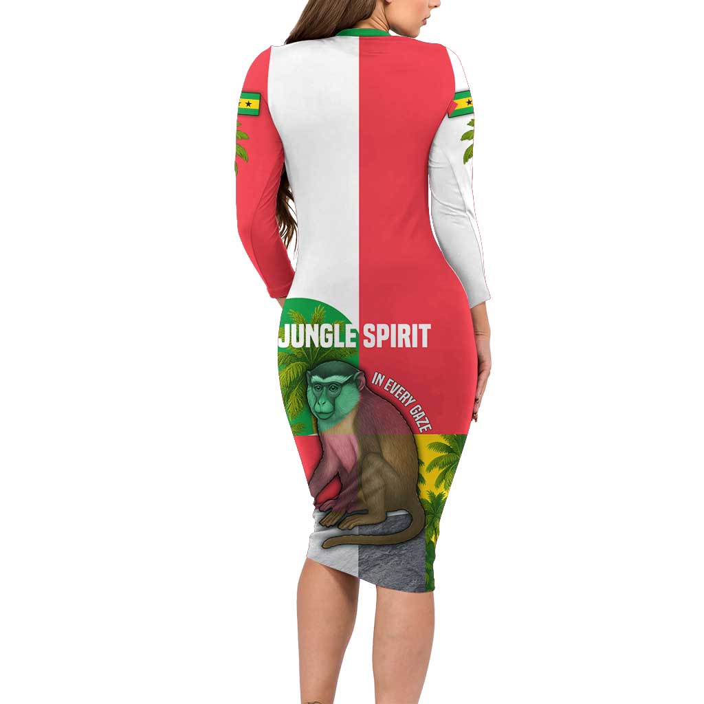 Jungle Spirit Monkey Family Matching Long Sleeve Bodycon Dress and Hawaiian Shirt with Sao Tome and Principe Tropical Flag Color Blocks