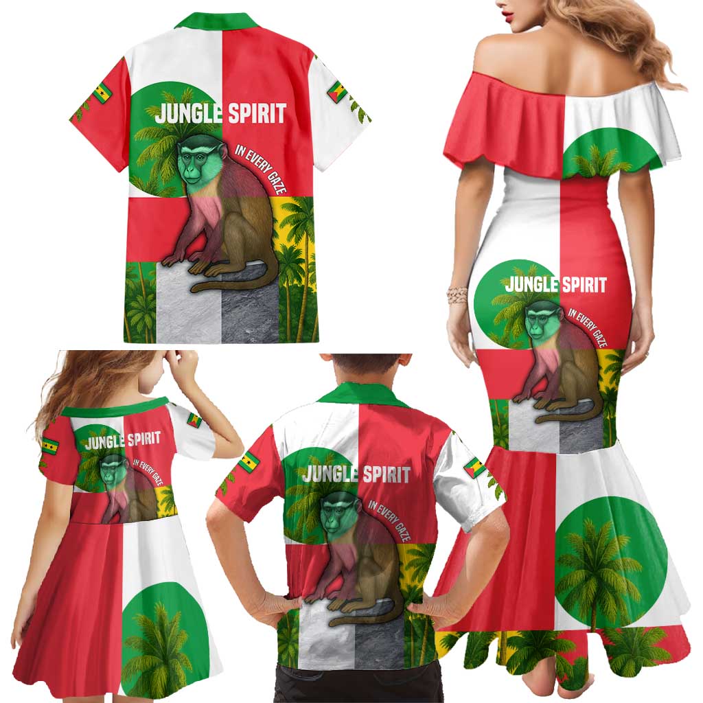 Jungle Spirit Monkey Family Matching Mermaid Dress and Hawaiian Shirt with Sao Tome and Principe Tropical Flag Color Blocks