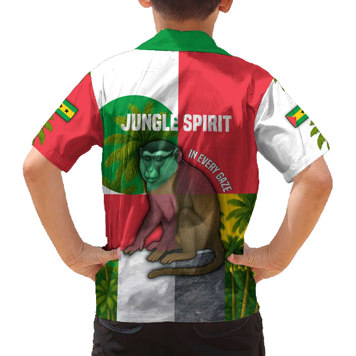 Jungle Spirit Monkey Family Matching Off The Shoulder Long Sleeve Dress and Hawaiian Shirt with Sao Tome and Principe Tropical Flag Color Blocks