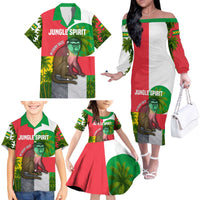 Jungle Spirit Monkey Family Matching Off The Shoulder Long Sleeve Dress and Hawaiian Shirt with Sao Tome and Principe Tropical Flag Color Blocks
