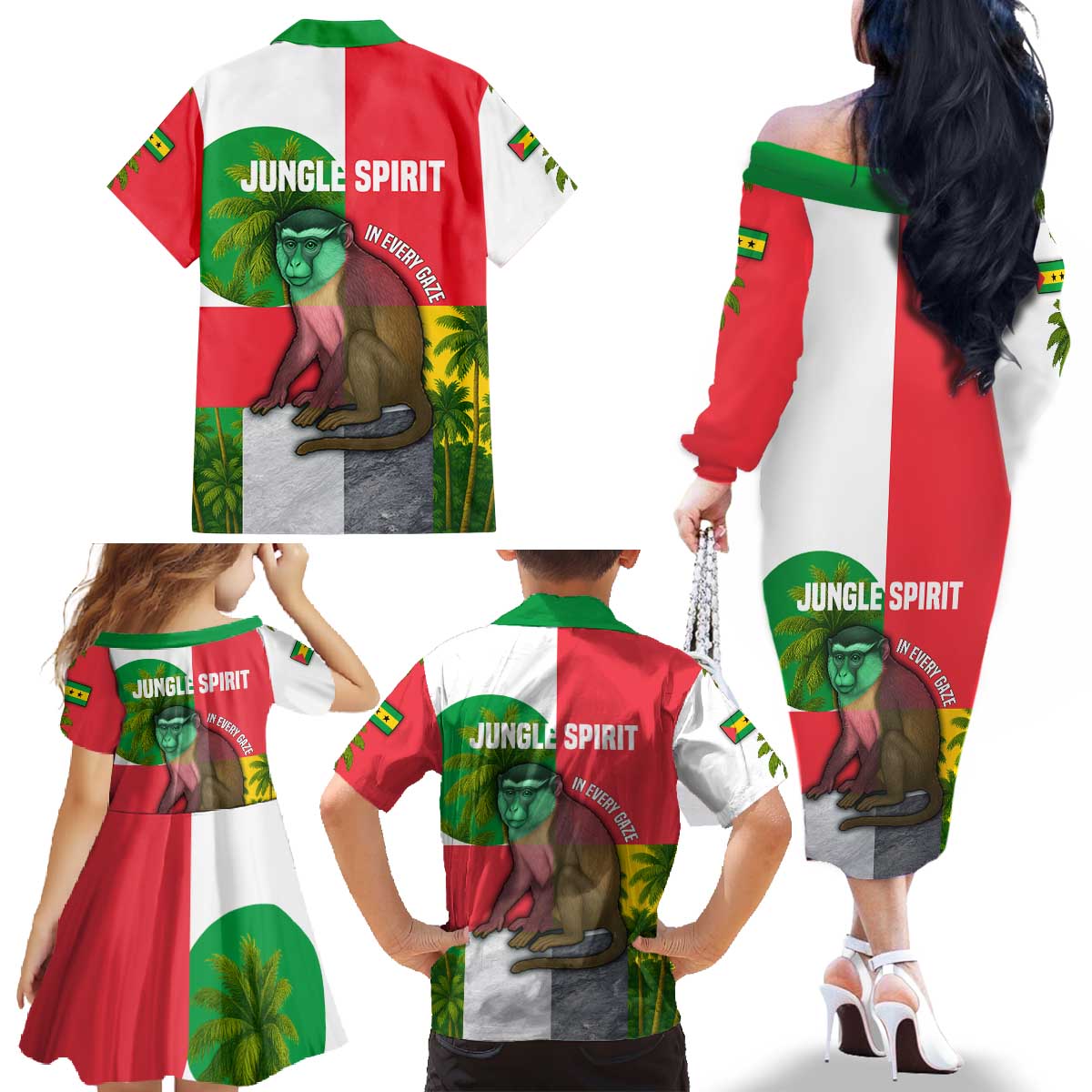 Jungle Spirit Monkey Family Matching Off The Shoulder Long Sleeve Dress and Hawaiian Shirt with Sao Tome and Principe Tropical Flag Color Blocks