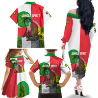 Jungle Spirit Monkey Family Matching Off The Shoulder Long Sleeve Dress and Hawaiian Shirt with Sao Tome and Principe Tropical Flag Color Blocks