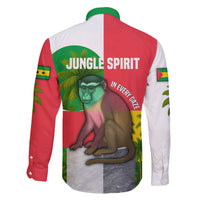 Jungle Spirit Monkey Family Matching Off The Shoulder Long Sleeve Dress and Hawaiian Shirt with Sao Tome and Principe Tropical Flag Color Blocks