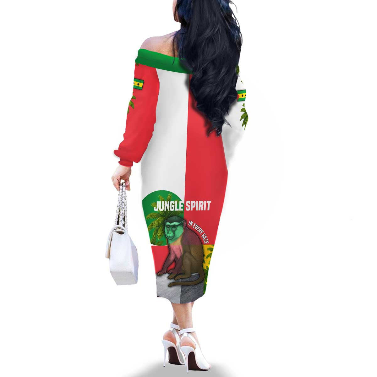 Jungle Spirit Monkey Family Matching Off The Shoulder Long Sleeve Dress and Hawaiian Shirt with Sao Tome and Principe Tropical Flag Color Blocks