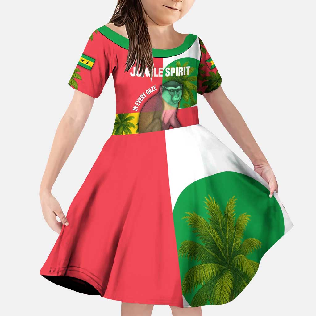 Jungle Spirit Monkey Family Matching Off Shoulder Maxi Dress and Hawaiian Shirt with Sao Tome and Principe Tropical Flag Color Blocks