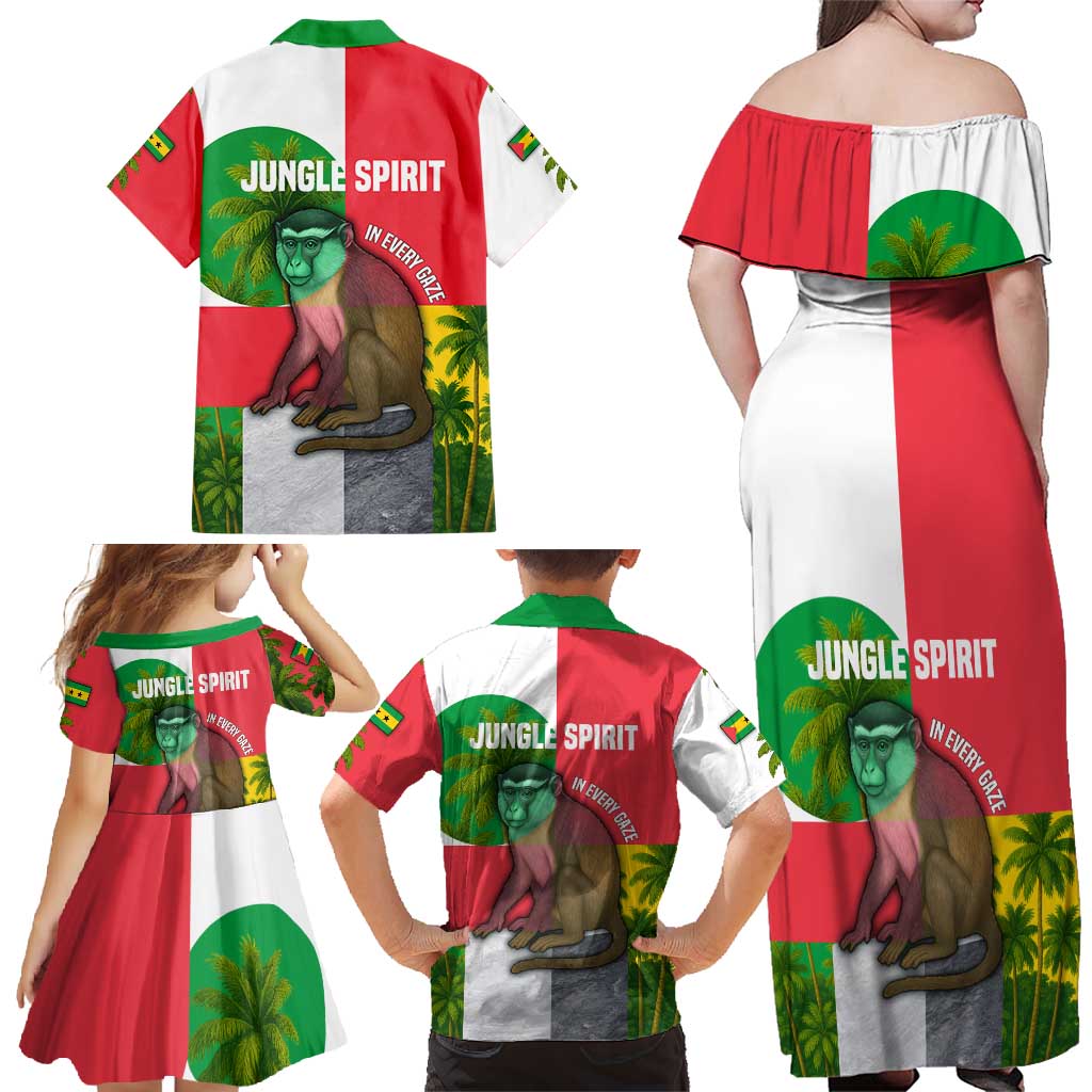 Jungle Spirit Monkey Family Matching Off Shoulder Maxi Dress and Hawaiian Shirt with Sao Tome and Principe Tropical Flag Color Blocks