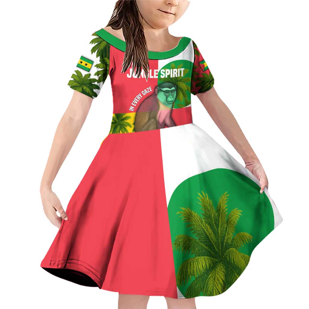 Jungle Spirit Monkey Family Matching Off Shoulder Short Dress and Hawaiian Shirt with Sao Tome and Principe Tropical Flag Color Blocks