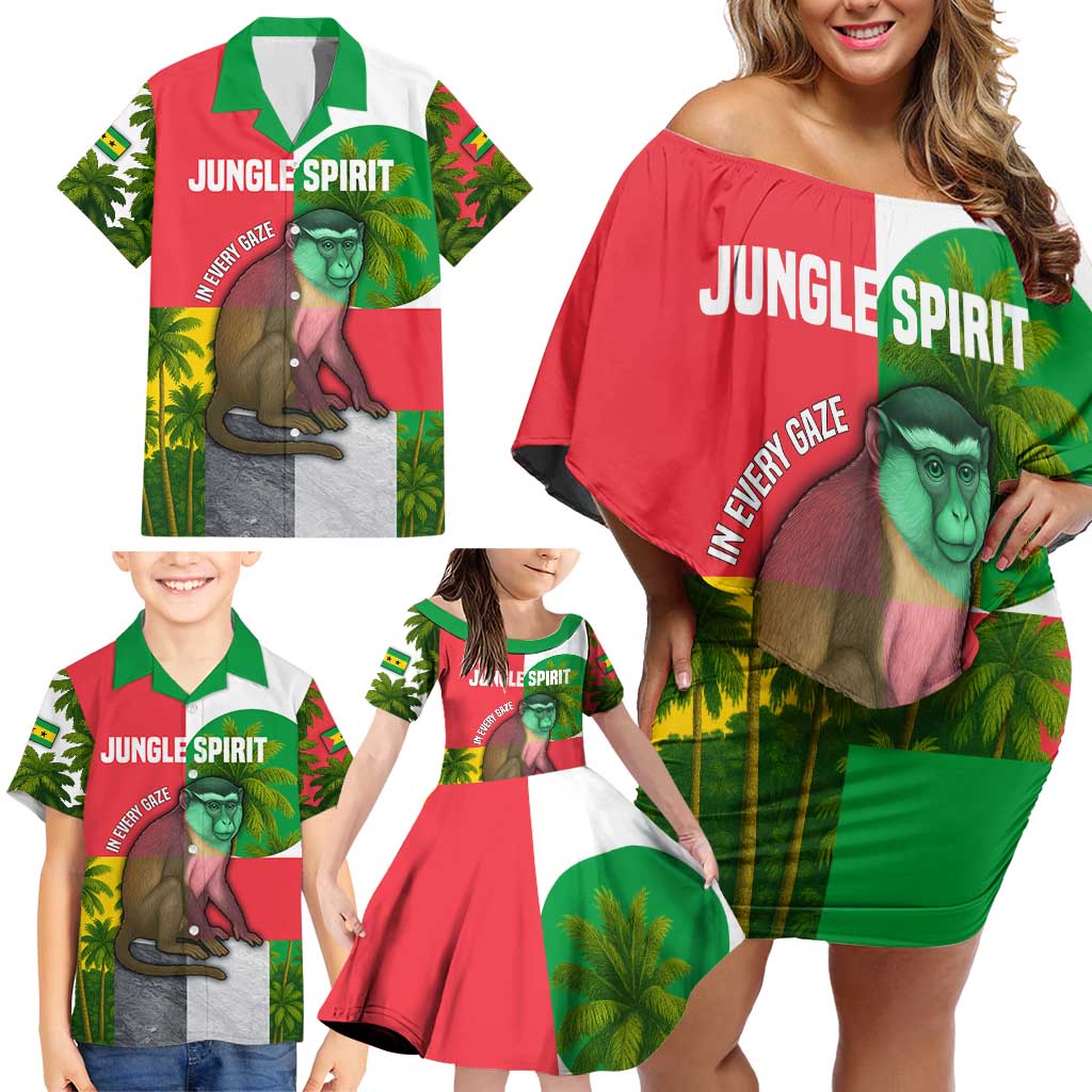 Jungle Spirit Monkey Family Matching Off Shoulder Short Dress and Hawaiian Shirt with Sao Tome and Principe Tropical Flag Color Blocks