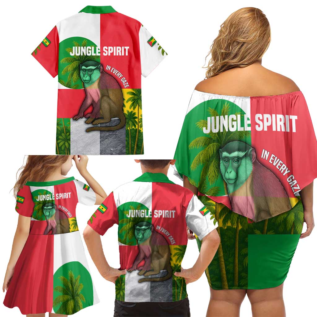 Jungle Spirit Monkey Family Matching Off Shoulder Short Dress and Hawaiian Shirt with Sao Tome and Principe Tropical Flag Color Blocks