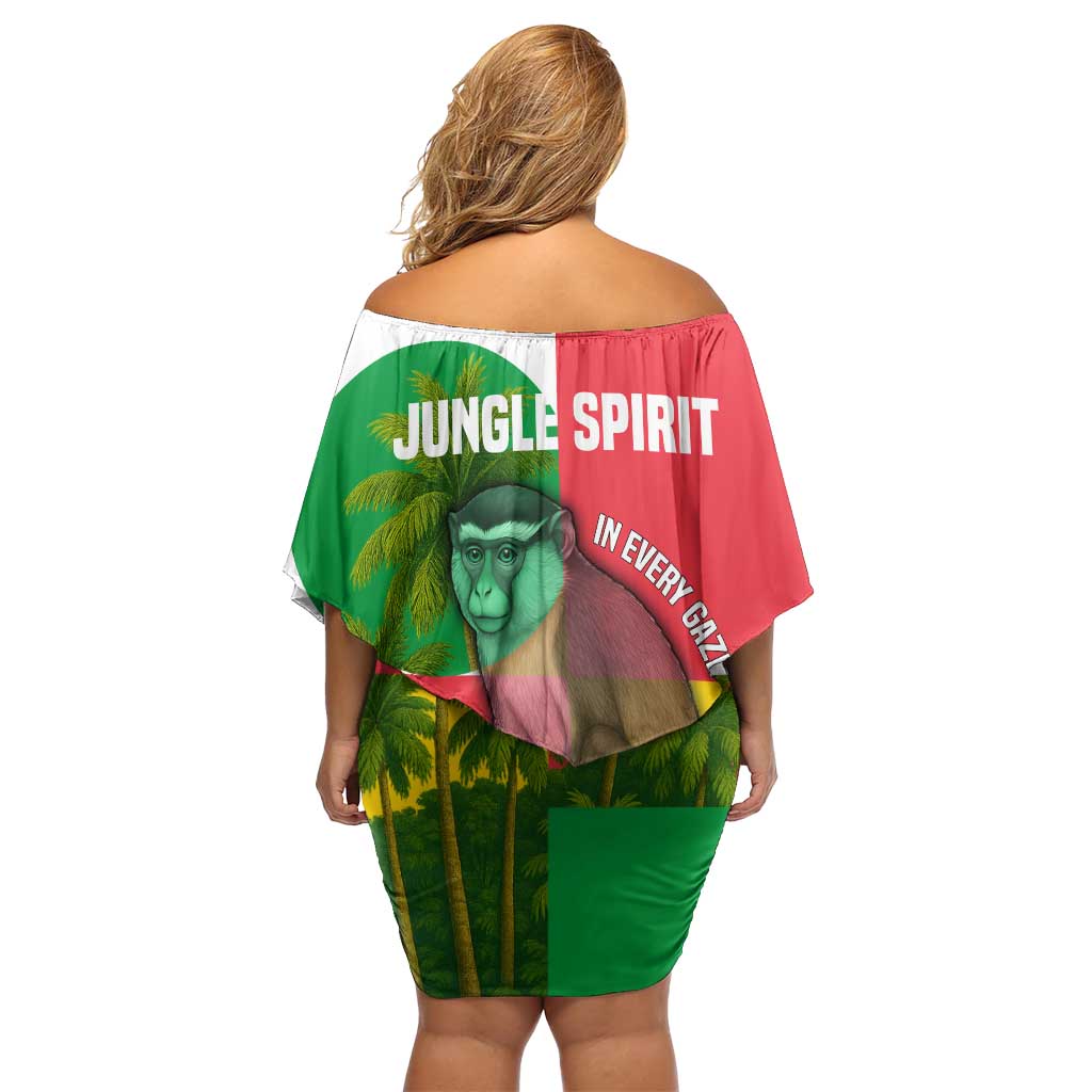 Jungle Spirit Monkey Family Matching Off Shoulder Short Dress and Hawaiian Shirt with Sao Tome and Principe Tropical Flag Color Blocks