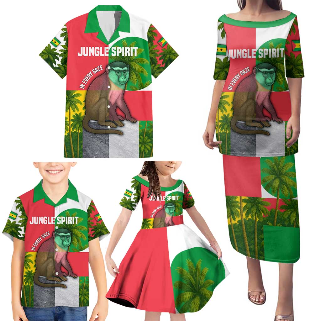 Jungle Spirit Monkey Family Matching Puletasi and Hawaiian Shirt with Sao Tome and Principe Tropical Flag Color Blocks
