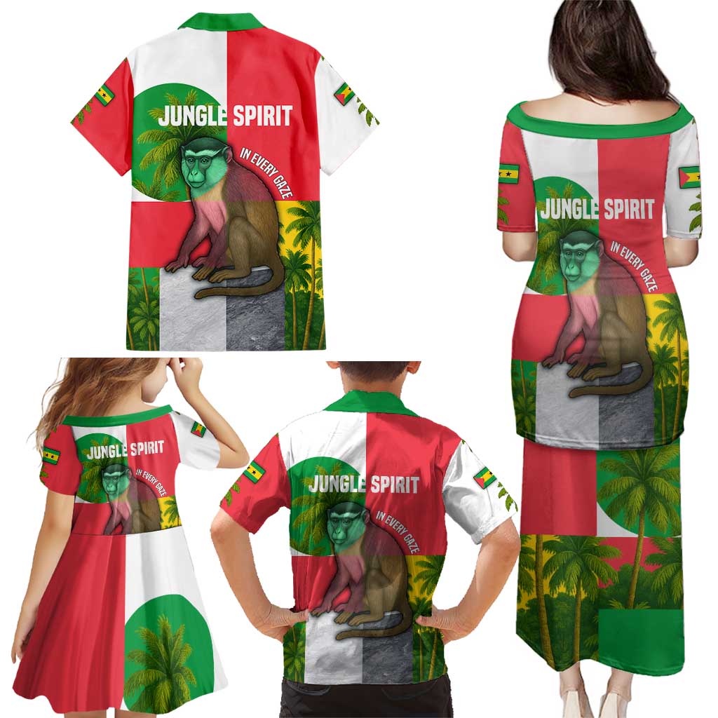 Jungle Spirit Monkey Family Matching Puletasi and Hawaiian Shirt with Sao Tome and Principe Tropical Flag Color Blocks