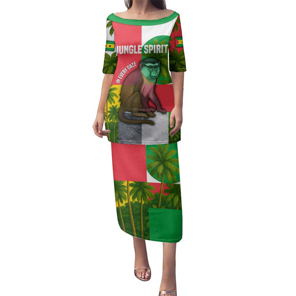 Jungle Spirit Monkey Family Matching Puletasi and Hawaiian Shirt with Sao Tome and Principe Tropical Flag Color Blocks