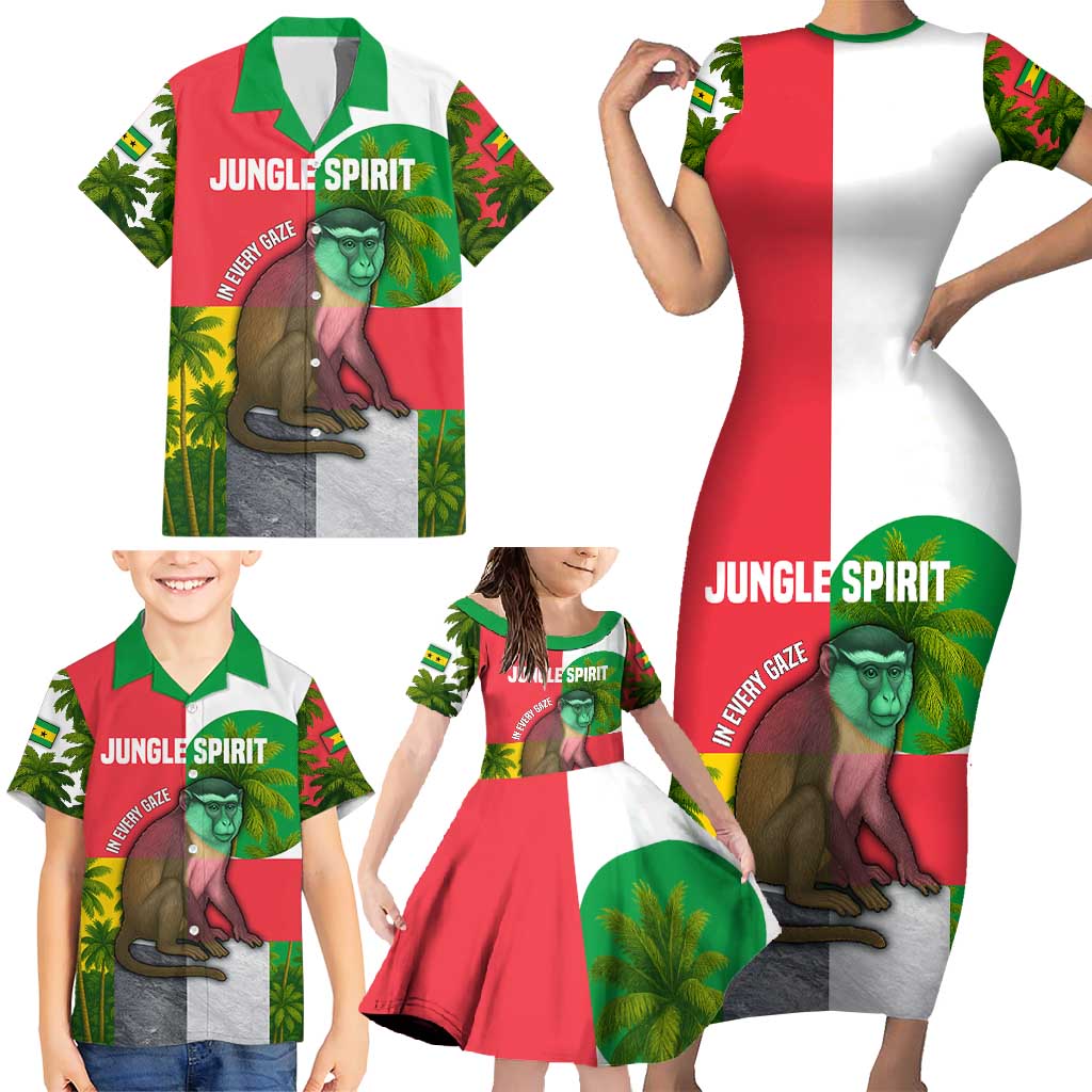 Jungle Spirit Monkey Family Matching Short Sleeve Bodycon Dress and Hawaiian Shirt with Sao Tome and Principe Tropical Flag Color Blocks