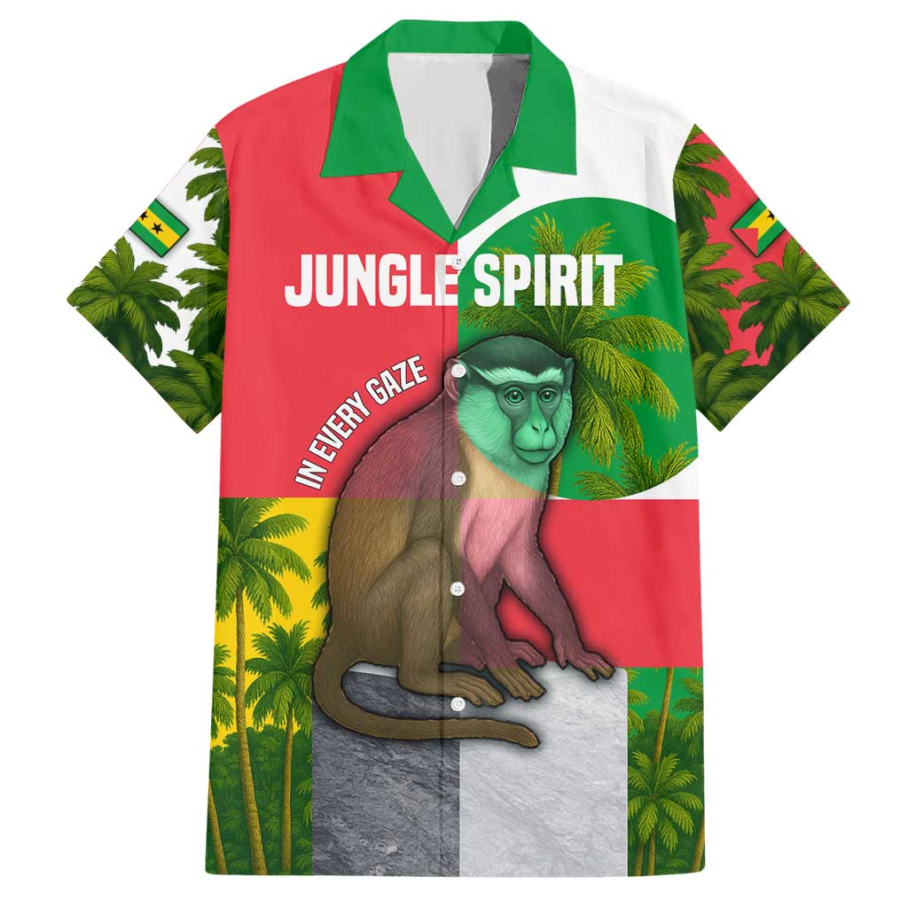 Jungle Spirit Monkey Family Matching Short Sleeve Bodycon Dress and Hawaiian Shirt with Sao Tome and Principe Tropical Flag Color Blocks