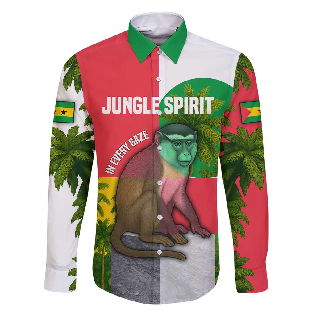 Jungle Spirit Monkey Family Matching Short Sleeve Bodycon Dress and Hawaiian Shirt with Sao Tome and Principe Tropical Flag Color Blocks