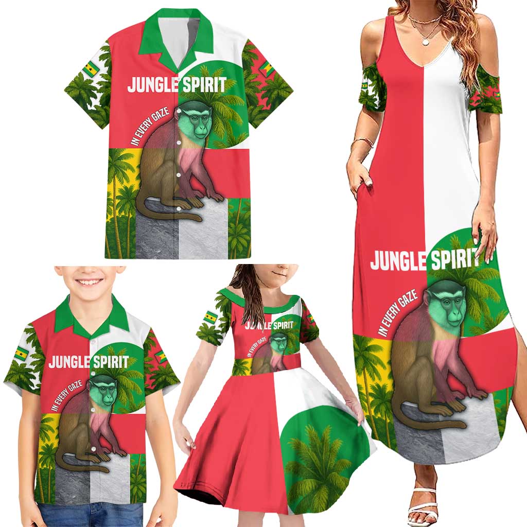 Jungle Spirit Monkey Family Matching Summer Maxi Dress and Hawaiian Shirt with Sao Tome and Principe Tropical Flag Color Blocks