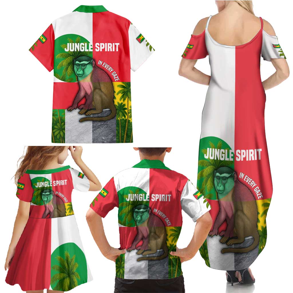 Jungle Spirit Monkey Family Matching Summer Maxi Dress and Hawaiian Shirt with Sao Tome and Principe Tropical Flag Color Blocks